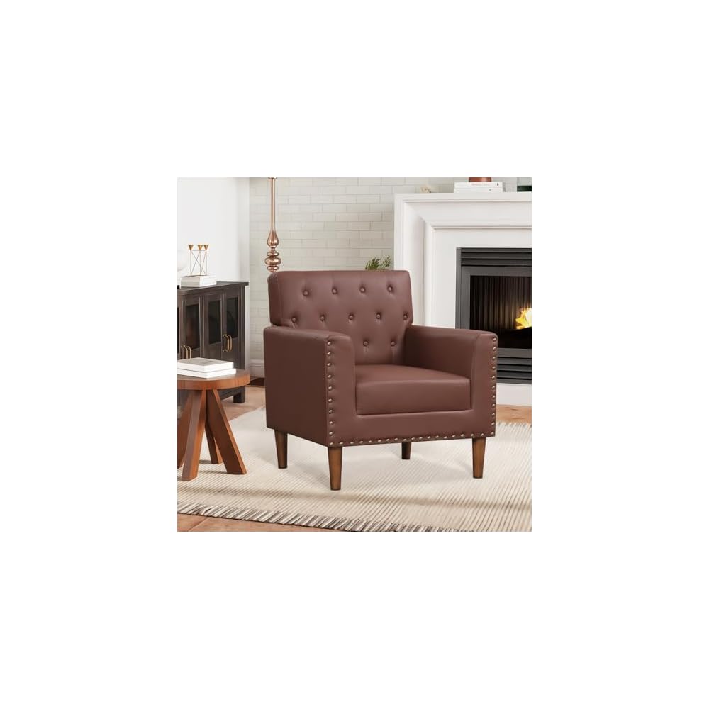 KOMFOTT Mid Century Modern Accent Chair, Faux Leather Upholstered Armchair with Button Tufted Decoration & Rivets, Rubber Wood Legs, Soft Padded Seat Cushion, Single Sofa for Living Room, Home (Brown)