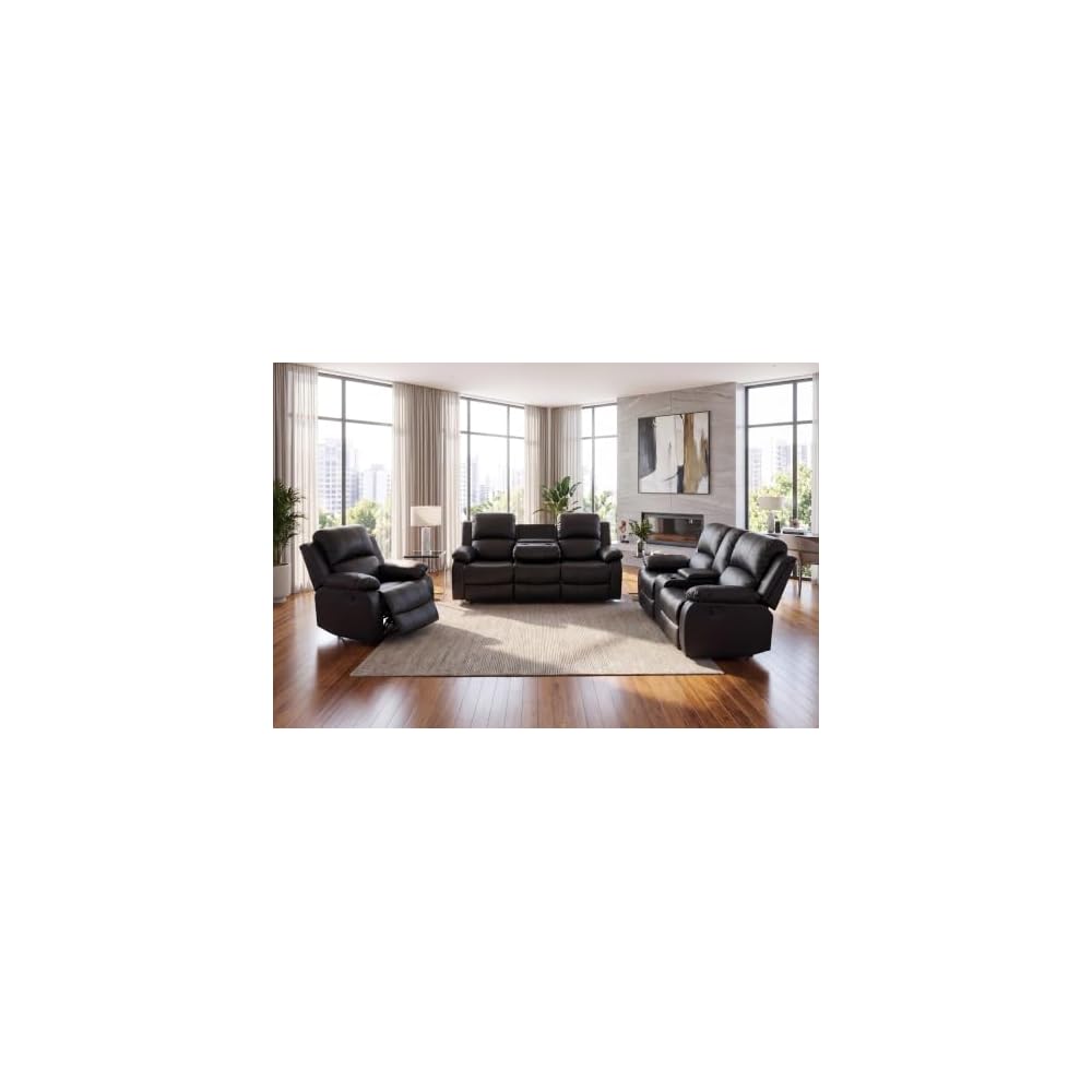 Manual Reclining Couch Sofa Set with Drop-Down Table, 3 Pieces Leather Recliner Couch Sets, Living Room Furniture Sets, Recliner Sofa with Storage Console/Cup Holder for Home/Apartment(Black)