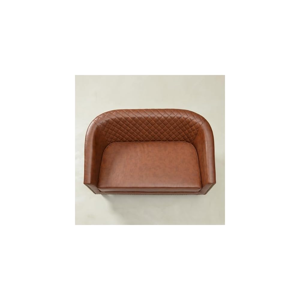KINWELL 50" W Faux Leather Tufted Back Small Barrel Loveseat Settee, Brown