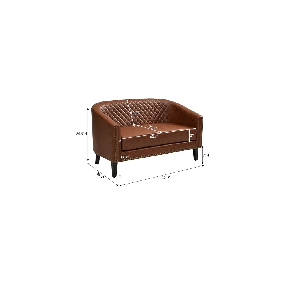 KINWELL 50" W Faux Leather Tufted Back Small Barrel Loveseat Settee, Brown