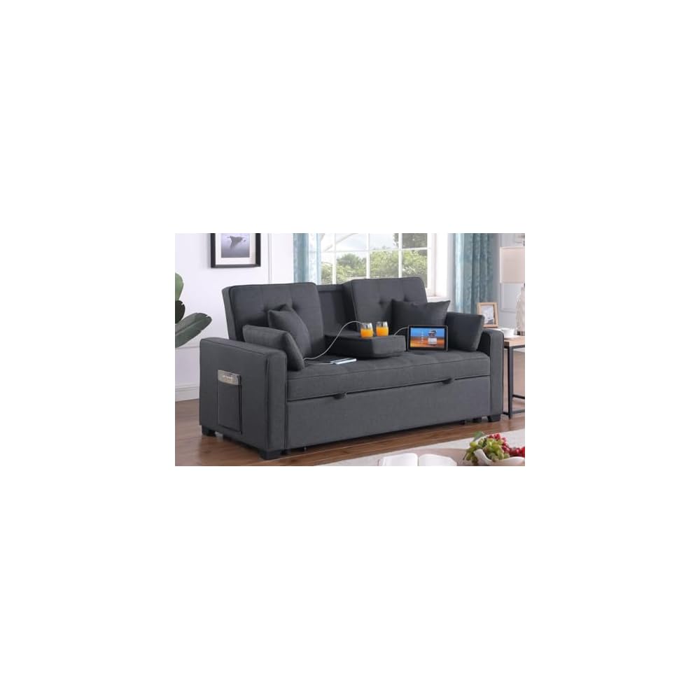 Lilola Home Cody II 70-inch Dark Gray Linen Convertible Sleeper Loveseat with Drop-Down Console, Cup Holders, USB & USB-C Charging Ports, Pocket Coil Seating — Multi-Functional Sofa Bed
