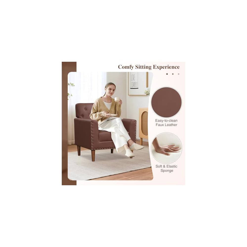 KOMFOTT Mid Century Modern Accent Chair, Faux Leather Upholstered Armchair with Button Tufted Decoration & Rivets, Rubber Wood Legs, Soft Padded Seat Cushion, Single Sofa for Living Room, Home (Brown)
