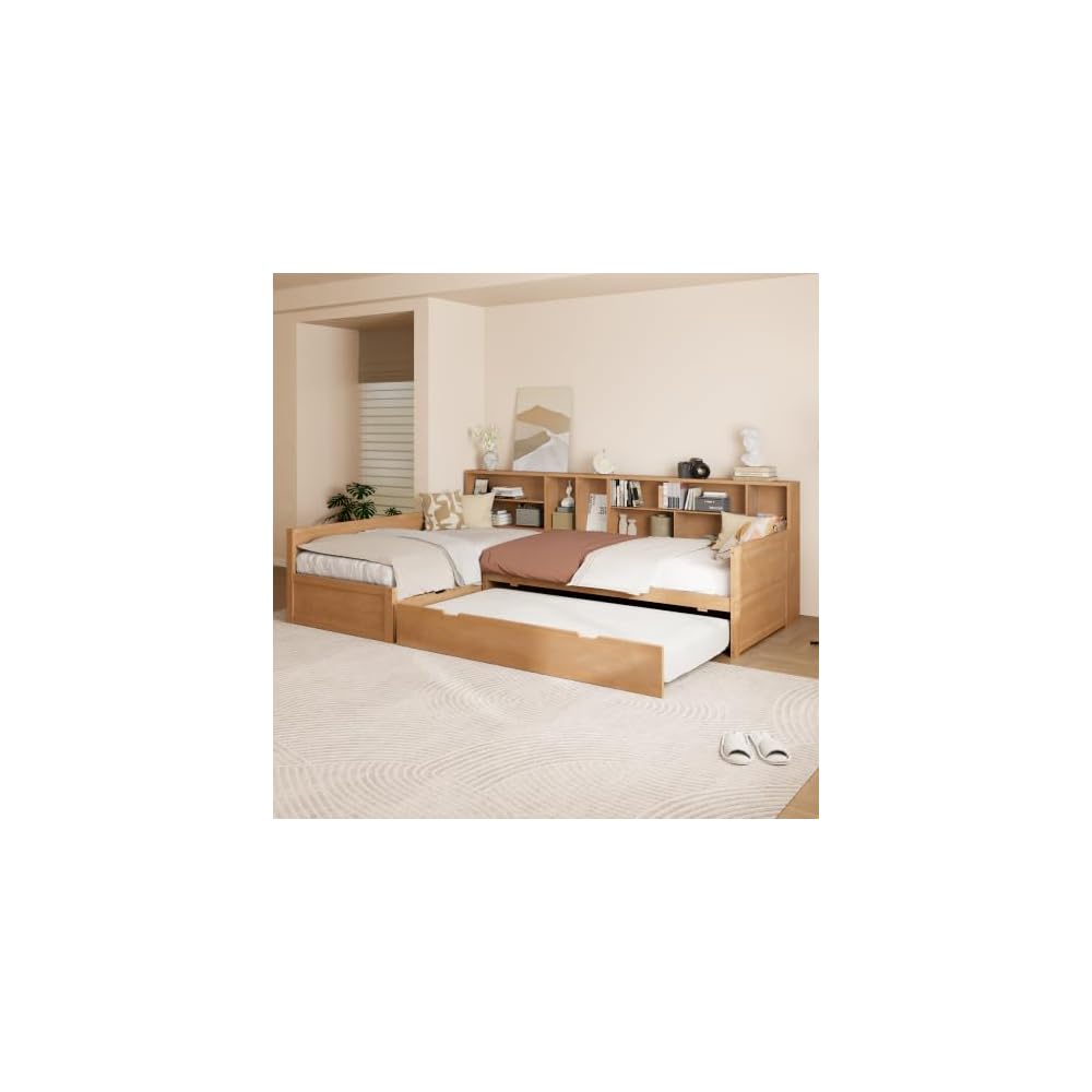 Merax Twin Wooden L-Shaped Daybed with Trundle and Storage Drawer, Seadrift