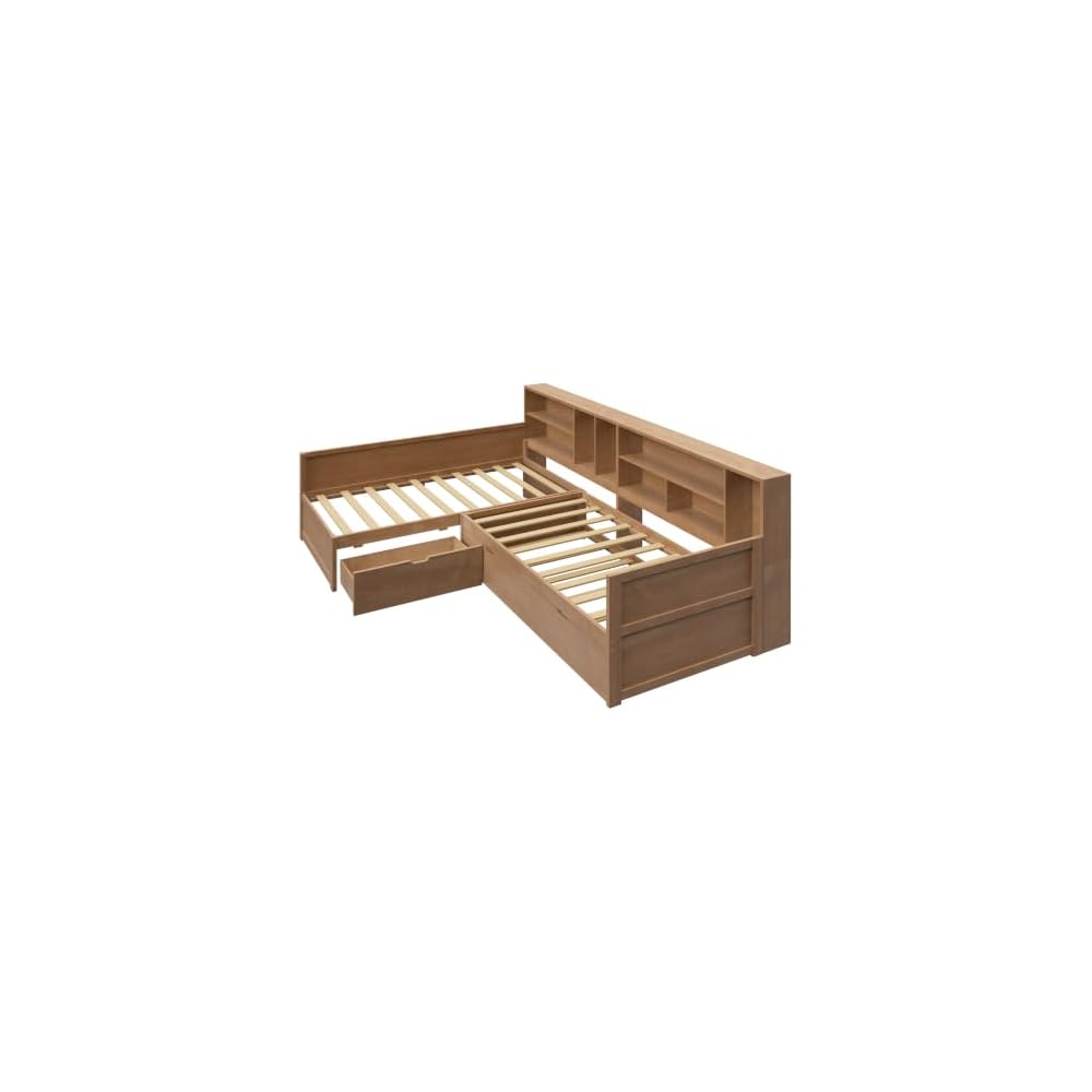 Merax Twin Wooden L-Shaped Daybed with Trundle and Storage Drawer, Seadrift