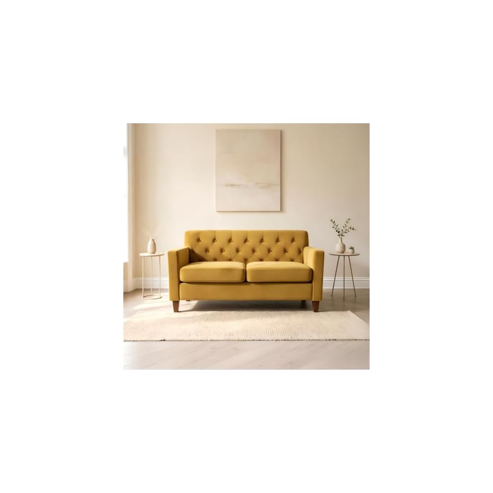 57" Tufted Velvet Love Seat, Loveseat Sofa with Spring Support, Small Sofa with Wood Frame for Living Room and Apartment Spaces, Mustard Yellow