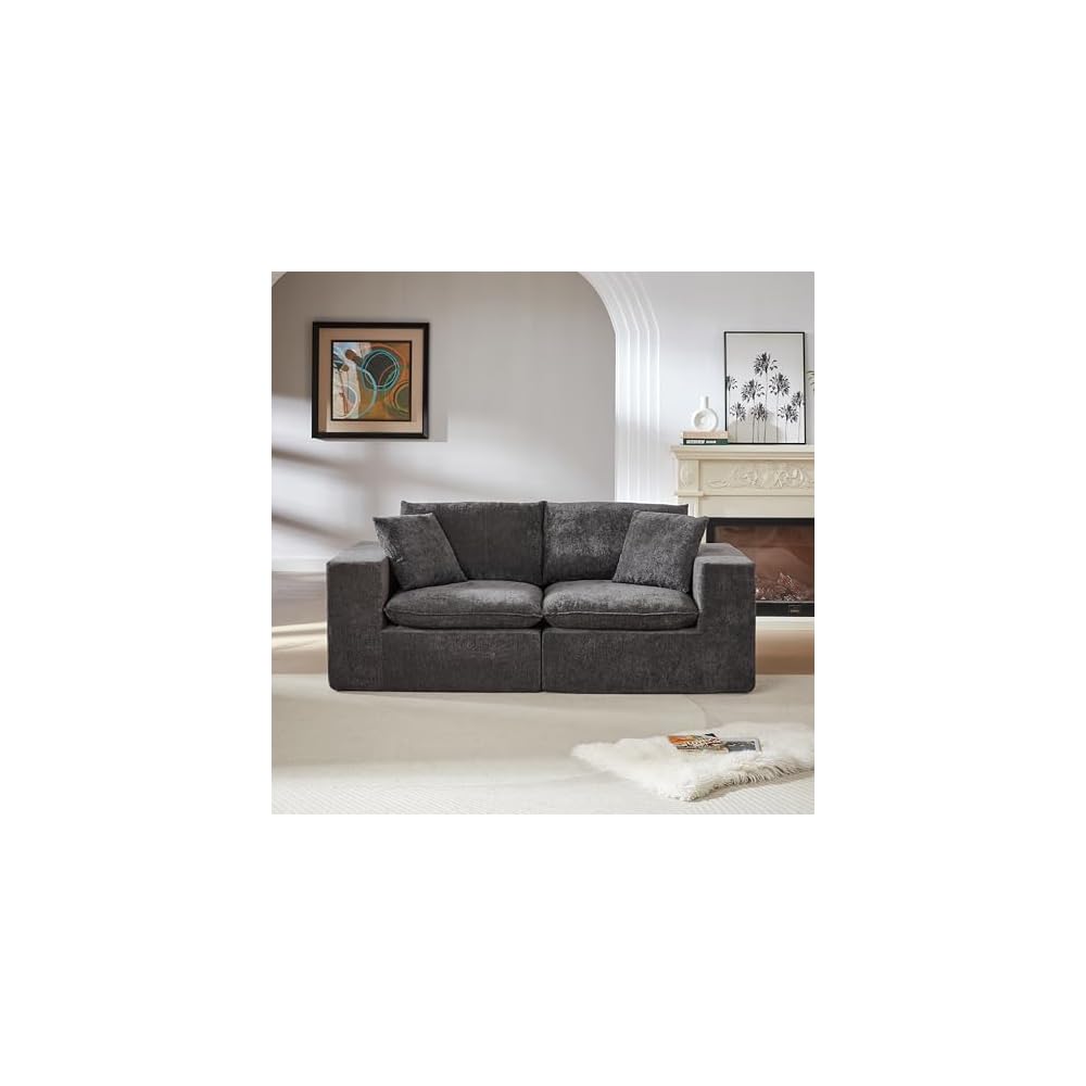 KEIKI 79" Oversized Chenille Modular Sectional Loveseat Sofa with High-Density Foam Cushion & Pillows, Upholstered Modern Style Cloud 2-Seater Couch, Easy Assembly, for Living Room, Dark Gray