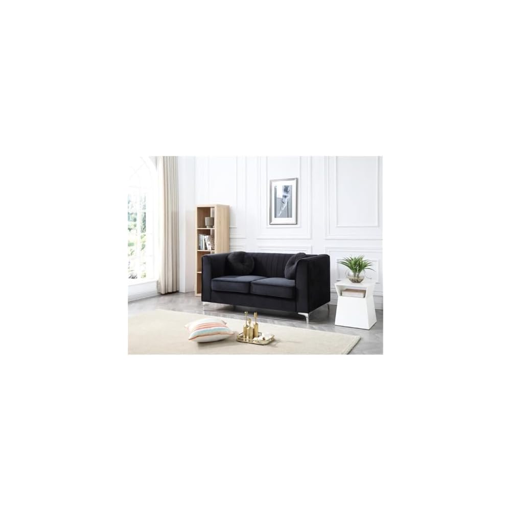 MAKLAINE Contemporary Velvet Tufted Loveseat, Black Micro Suede, Chrome Legs, 65 in x 34 in x 32 in, 2-Seater with Throw Pillows, Sloped Arms, Medium Firmness, Compact Living Room Seating