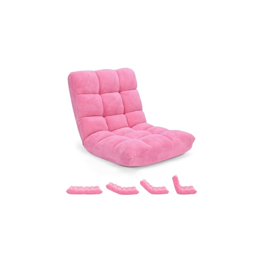 HOMGX Floor Chair with Back Support, 14-Poistion Adjustable Gaming Lazy Sofa Cushioned Chair w/Soft Coral Fleece & Memory Foam Padding, Folding Cushioned Meditation Chair for Reading (Violet)