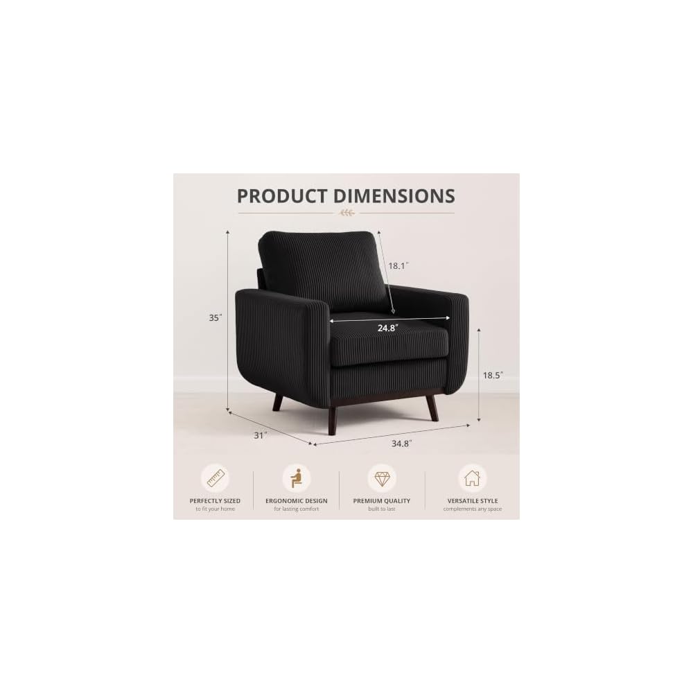 Accent Chair for Bedroom,Reading Chair with Deep Seat,Corduroy Armchair with Wood Legs, Comfy Living Room Chairs Single Sofa for Indoor Bedroom Apartment(Black)