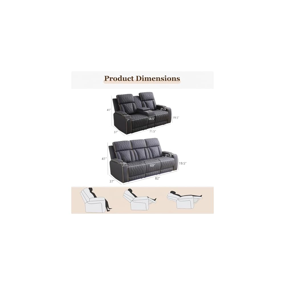 2 Pieces Power Recliner Sofa Set with LED, Leather Power Reclining Couch Sets includes 3 Seats Sofa and Loveseat with Cup Holders, USB Port, Living Room Furniture Sets for HomeTheater, Blue Gray