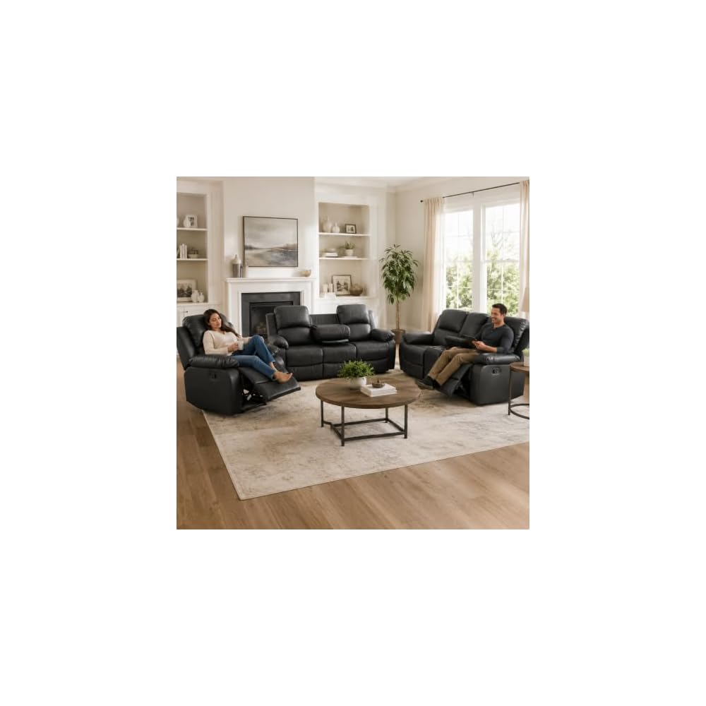 Manual Reclining Couch Sofa Set with Drop-Down Table, 3 Pieces Leather Recliner Couch Sets, Living Room Furniture Sets, Recliner Sofa with Storage Console/Cup Holder for Home/Apartment(Black)