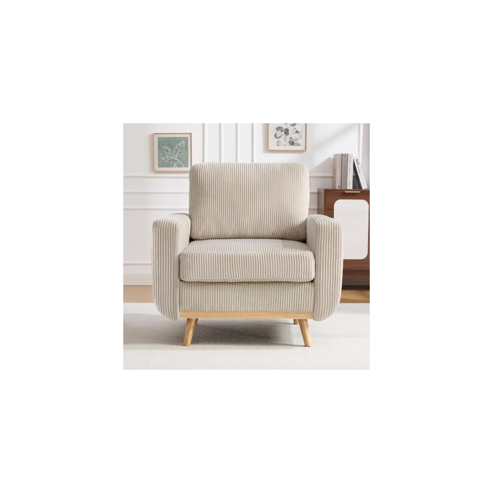 Accent Chair for Bedroom,Reading Chair with Deep Seat,Corduroy Armchair with Wood Legs, Comfy Living Room Chairs Single Sofa for Indoor Bedroom Apartment(Black)