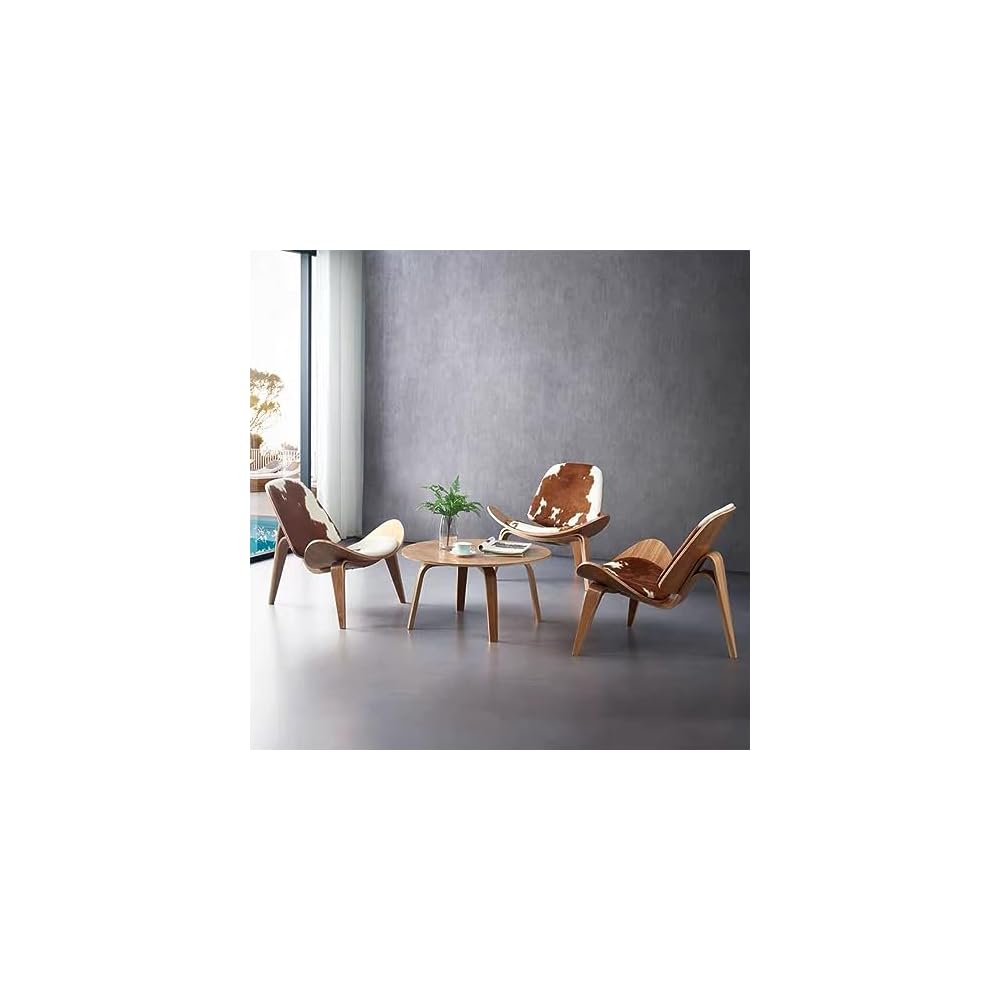 Mid-century Modern Shell Lounge Chair, High-end Cowhide, Scandinavian Furniture Three-legged Plywood Classic Design Solid Wood Decorative Chair, Suitable For Living Room, Reading, Lounge, Office, Salo