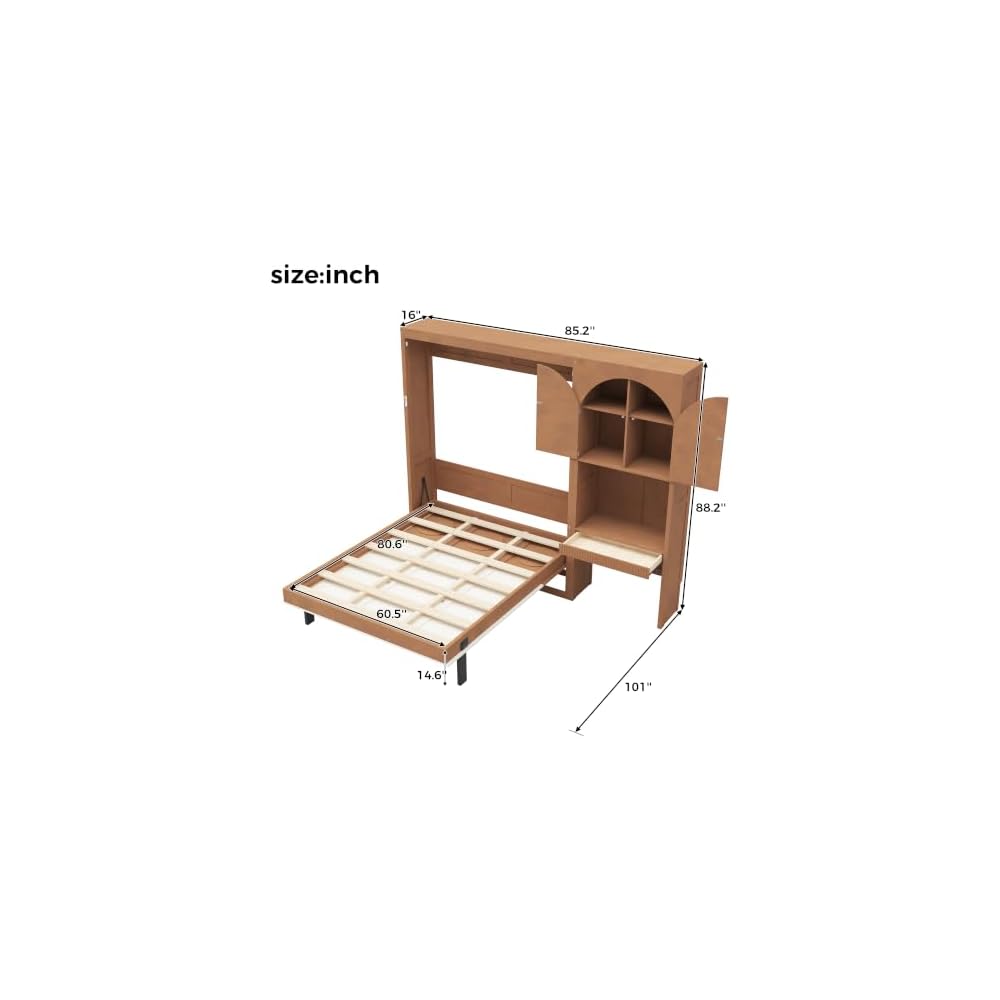 Merax Queen Size Murphy Bed with Desk, Storage Cabinet & LED Light, Walnut