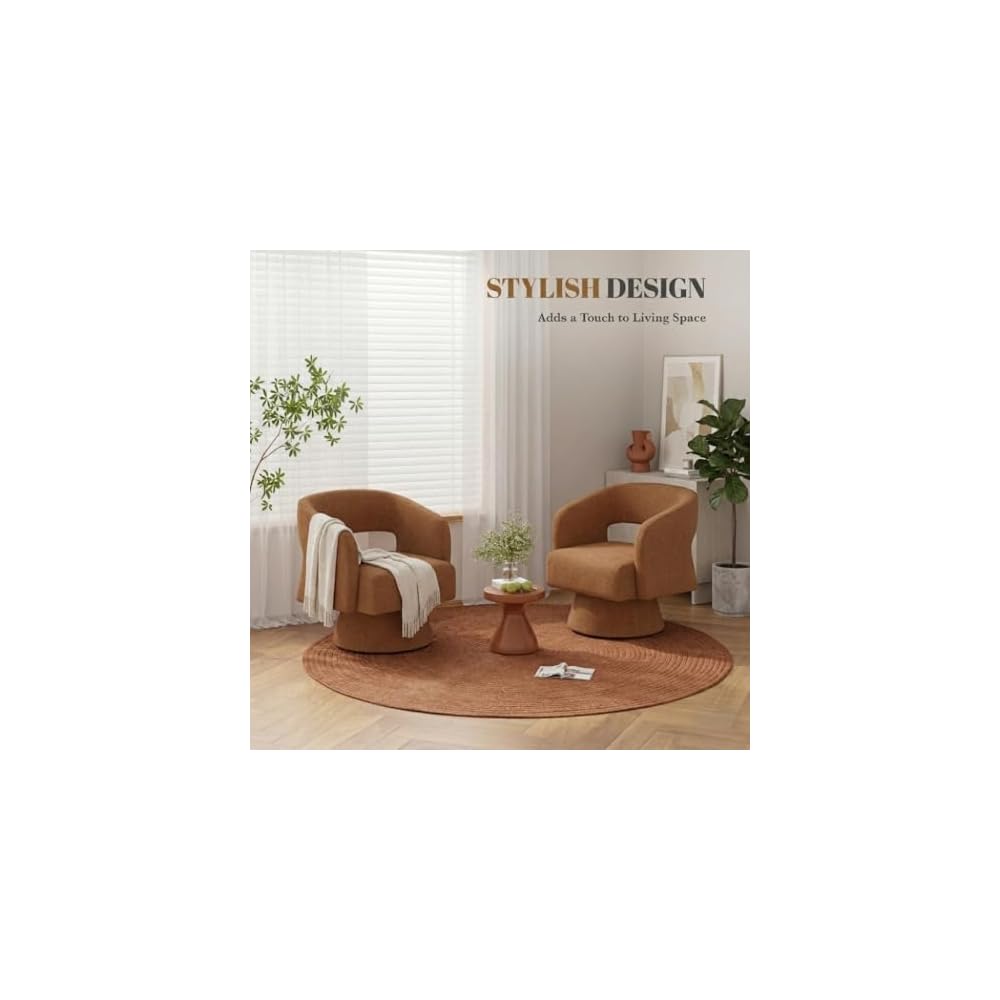 Chenille Barrel Accent Chair – Heavy Duty 360° Swivel, Oversized, Upholstered Round Design, Modern Stylish Furniture for Bedroom Living Room Lounge & Office (Brown, Set of 1)