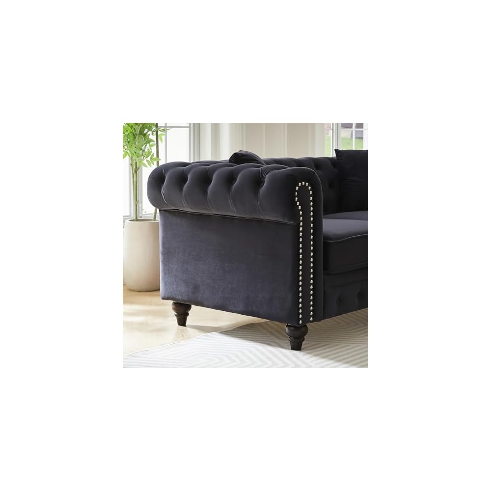 KEIKI 63.5" Chesterfield Sofa, Retro Style Velvet Upholstered Couch, Button Tufted Sofa with Rolled Arm for Living Room, Bedroom Office, Black