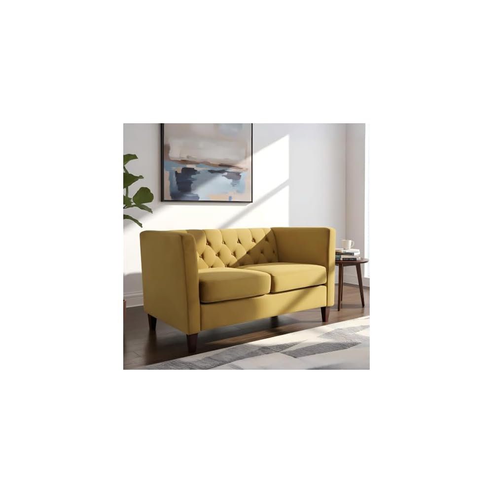 57" Tufted Velvet Love Seat, Loveseat Sofa with Spring Support, Small Sofa with Wood Frame for Living Room and Apartment Spaces, Mustard Yellow