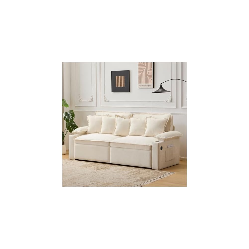 82.7’’ King Size Beige Pull Out Sofa Bed, 3 in 1 Convertible Sleeper Sofa Bed with Futon Sofa, Chenille Loveseat Couch Bed with USB and Storage Pockets for Living Room,Bedroom