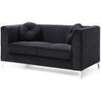 MAKLAINE Contemporary Velvet Tufted Loveseat, Black Micro Suede, Chrome Legs, 65 in x 34 in x 32 in, 2-Seater with Throw Pillows, Sloped Arms, Medium Firmness, Compact Living Room Seating