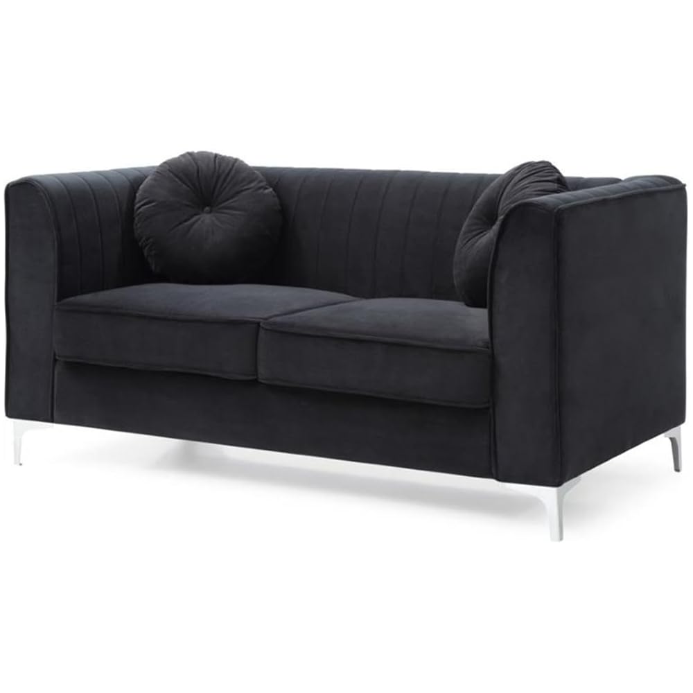 MAKLAINE Contemporary Velvet Tufted Loveseat, Black Micro Suede, Chrome Legs, 65 in x 34 in x 32 in, 2-Seater with Throw Pillows, Sloped Arms, Medium Firmness, Compact Living Room Seating