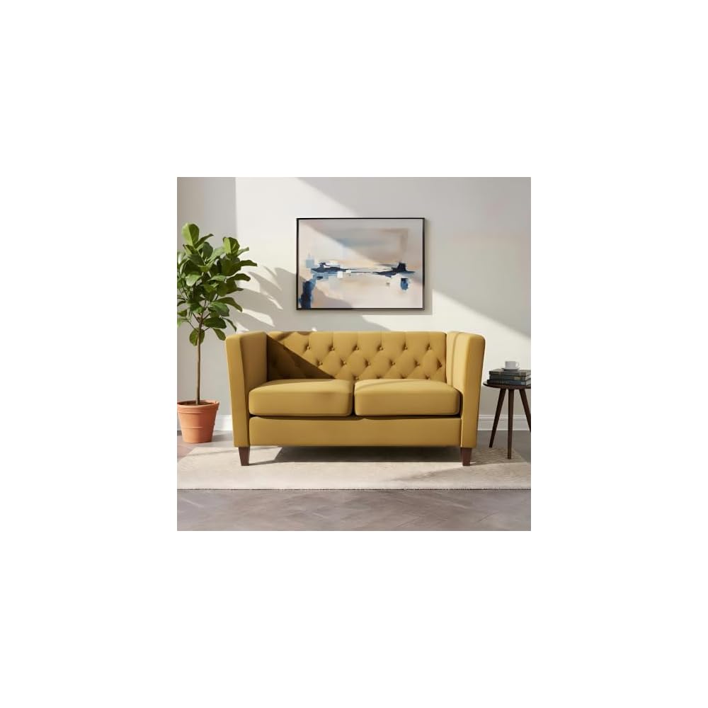57" Tufted Velvet Love Seat, Loveseat Sofa with Spring Support, Small Sofa with Wood Frame for Living Room and Apartment Spaces, Mustard Yellow