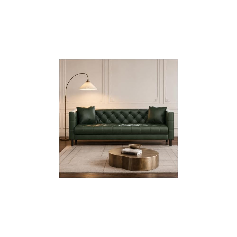 81" PU Leather Couch, Chesterfield 3 Seater Sofa, Vintage Green