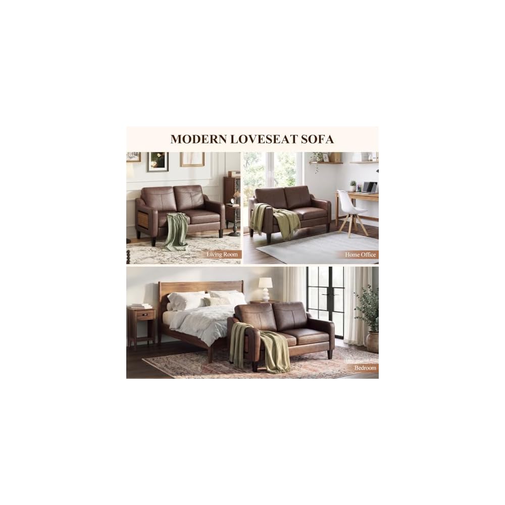 MALOL 51" Leather Loveseat Sofa with Foldable Side Table, Chocolate Brown