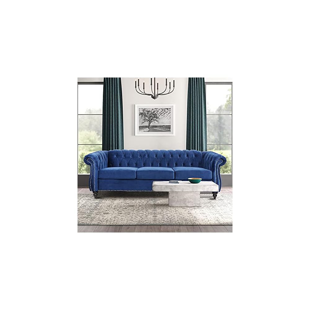 ONCIN Velvet Chesterfield Sofa, 84'' Modern Tufted 3 Seater Couch with Scroll Arms and Wood Legs for Living Room Bedroom (Blue), Blue Velvet, 84 In Chesterfield Sofa