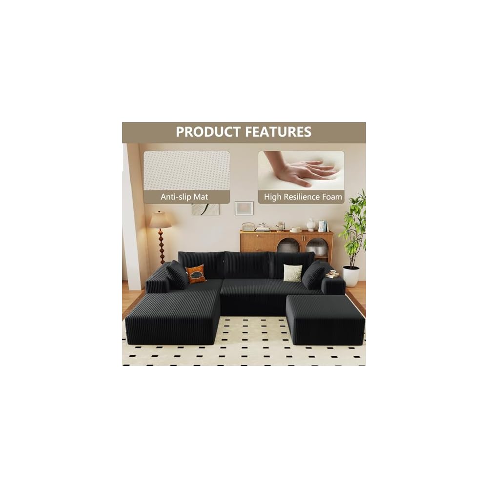 96" Cloud Sectional Couch with U-Shaped Chaise, Corduroy Sectional Sofa with Ottoman, Boneless Couch with Deep Seat in a Box for Living Room, No Assembly Required (Black, Left Facing Chaise)
