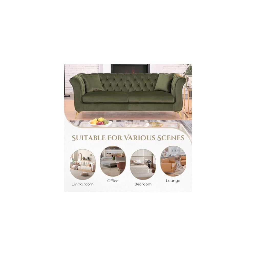 87" Chesterfield Sofa, Contemporary Stanford Sofa, 3 Seater Deep Seat Sofa, Comfy Upholstered Velvet Couch with Scroll Arm and Scroll Back for Living Room Bedroom Office, Green