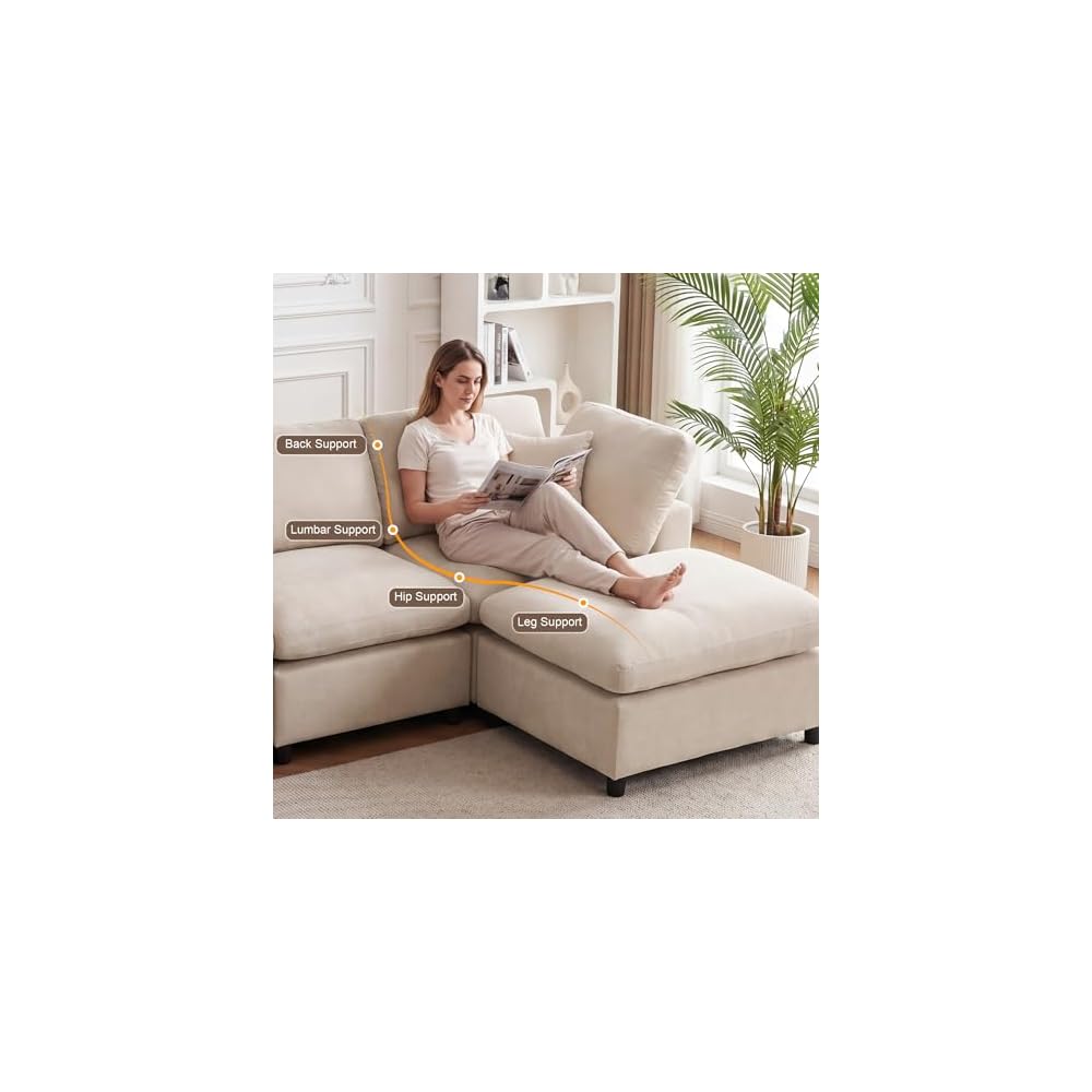 100" Wood Frame L-Shaped Modular Sectional Couch with Ottoman, Modern Cloud Chenille Sofa, Deep Seat 3 Seater & 4 Seat Cloud Modular Beige Upholstered Couch for Living Room, Bedroom, Apartment, Home