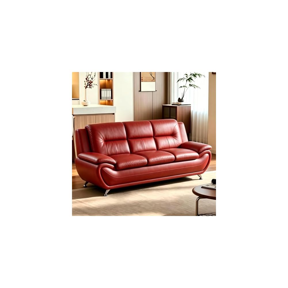Red PU Leather 3-Seater Sofa, Curved Three Seat Couch with Metal Legs