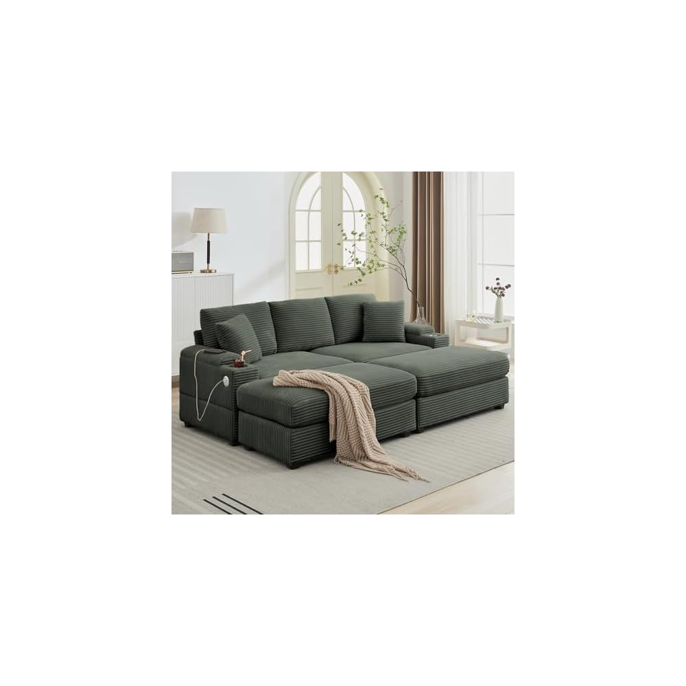 86.61'' Oversized Double Chaise Lounge Chair Indoor with Ottoman & Armrest Storage, Comfy Corduroy Reclining Chair with Cup Holder & USB Port, Lazy Sleeper Sofa for Living Room and Bedroom (Green)