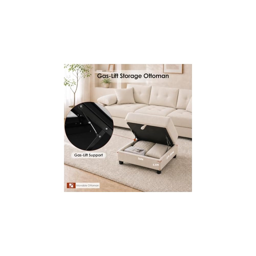 116" Modular Sectional Sofa with Storage Ottoman, Deep Seat L-Shaped Couch