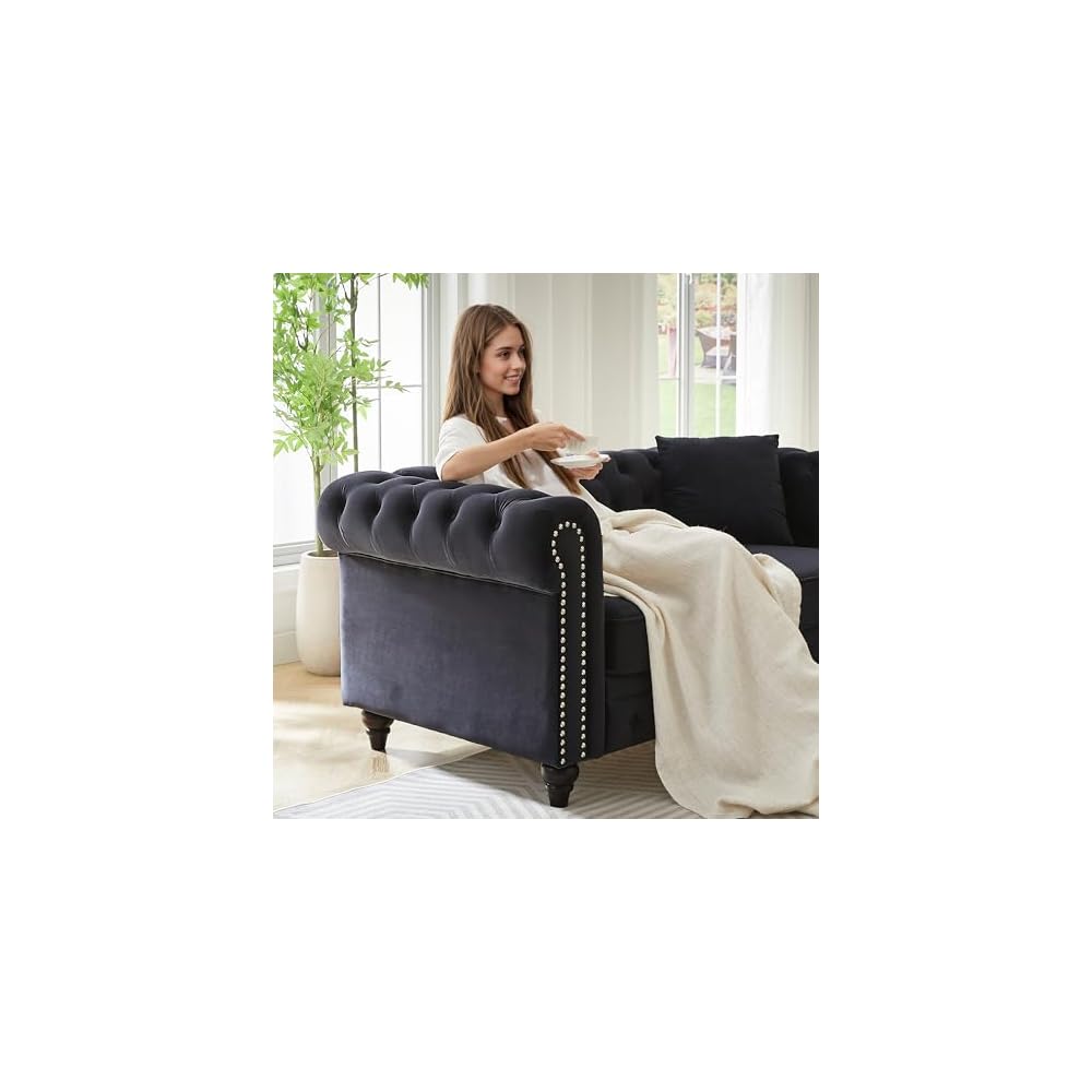 KEIKI 63.5" Chesterfield Sofa, Retro Style Velvet Upholstered Couch, Button Tufted Sofa with Rolled Arm for Living Room, Bedroom Office, Black
