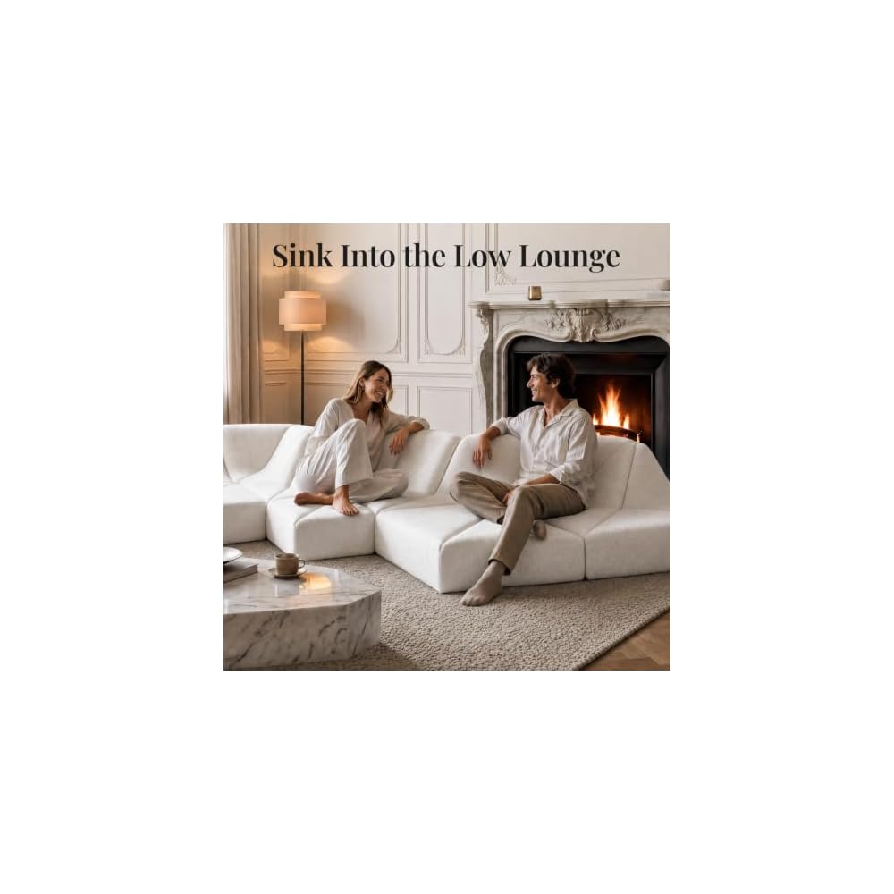 Dune Modular Sectional Sofa, Chenille Cloud Couch, Low Profile Floor Sofa Set, DIY Convertible Sectional Couch for Living Room, Cream White, 10-Pieces