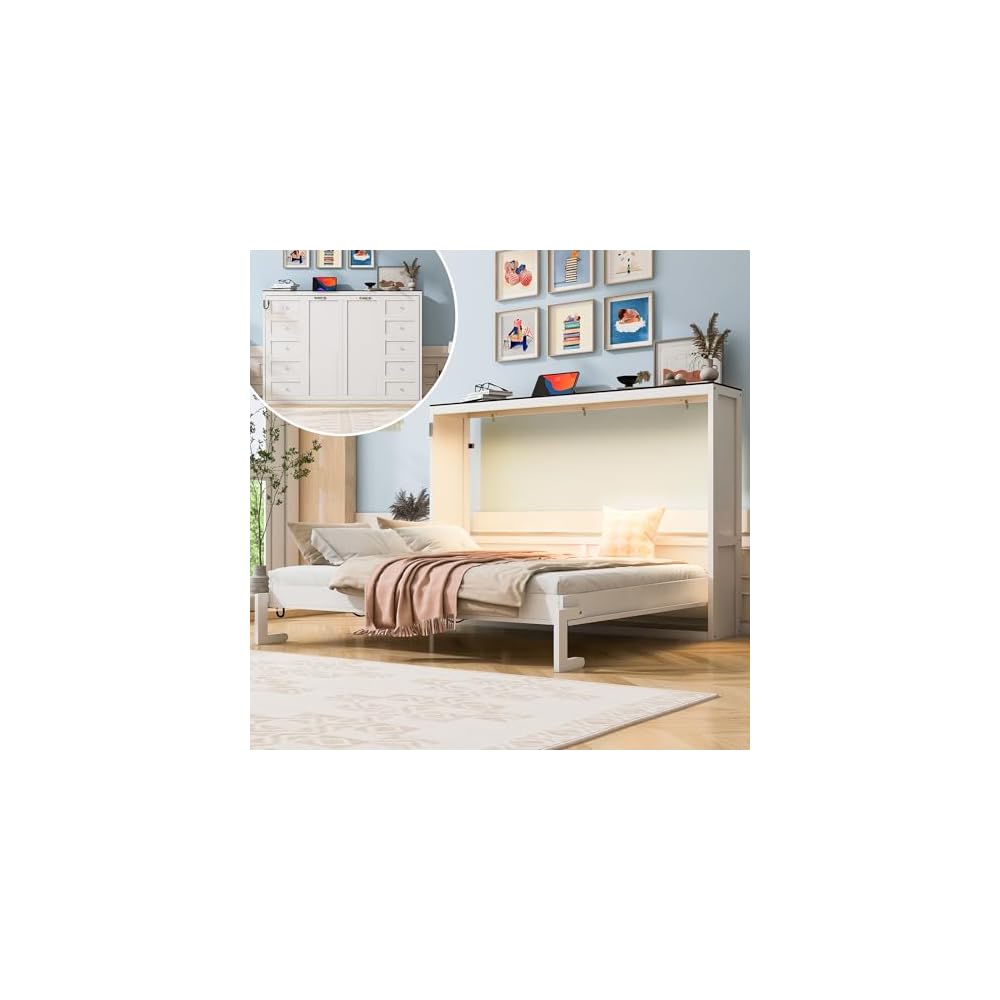 MERITLINE Full Horizontal Murphy Bed with LED Lighting,Solid Wood Folding Farmhouse Murphy Wall Bed Cabinet for Adults, Space-Saving Hideaway (White,Full)