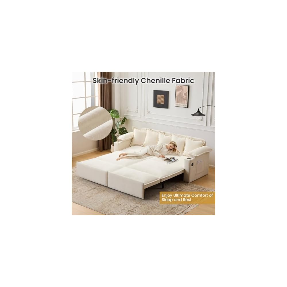 82.7’’ King Size Beige Pull Out Sofa Bed, 3 in 1 Convertible Sleeper Sofa Bed with Futon Sofa, Chenille Loveseat Couch Bed with USB and Storage Pockets for Living Room,Bedroom