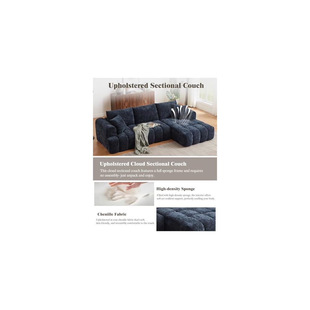 108" Boneless Cloud Modular Sectional Couch for Living Room, L Shaped Sofa with Chaise | Chenille Fabric | Compressed Foam Sofa for Living Room | No Assembly (Dark Blue, Right Hand Facing)