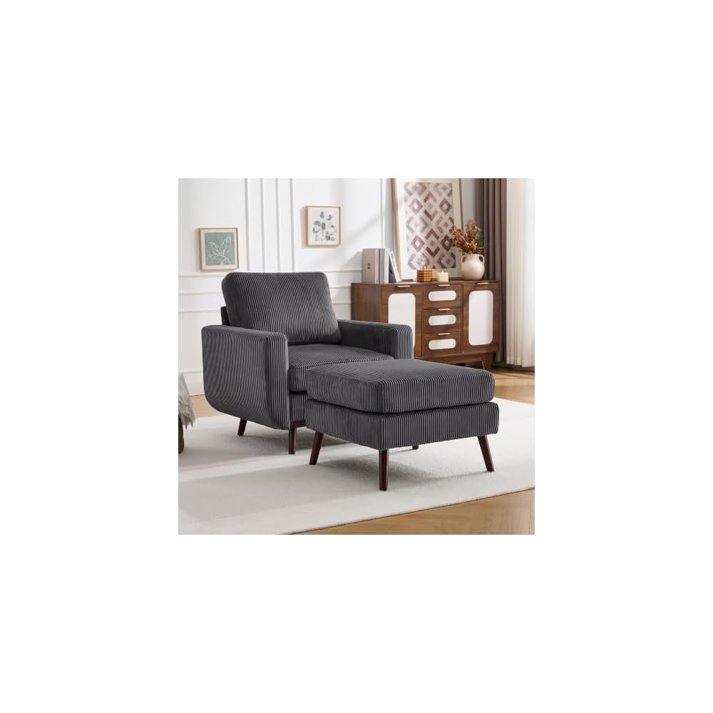 Accent Chair for Bedroom,Reading Chair with Deep Seat,Corduroy Armchair with Wood Legs, Comfy Living Room Chairs Single Sofa for Indoor Bedroom Apartment(Black)