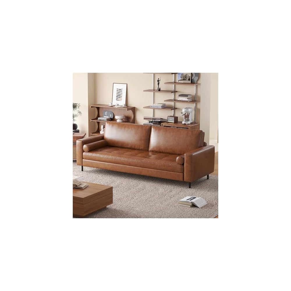 80.31-inch mid-Century Style Faux Leather Sofa for Everyday Living, Designed for Three People, with a Solid Wood Frame and Metal Legs, Suitable for Apartments and Living Rooms