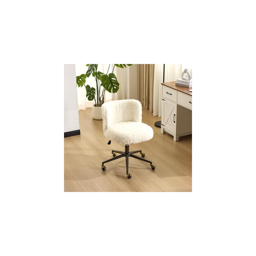 VINGLI Plush Upholstery Vanity Desk Chair with Curved Back & 90-102° Tilt & Adjustable Height, Cute Rolling Chair with Bronze Base & Golden-Bronze 360° Swivel Wheels for Makeup & Home Office, Fog Gray