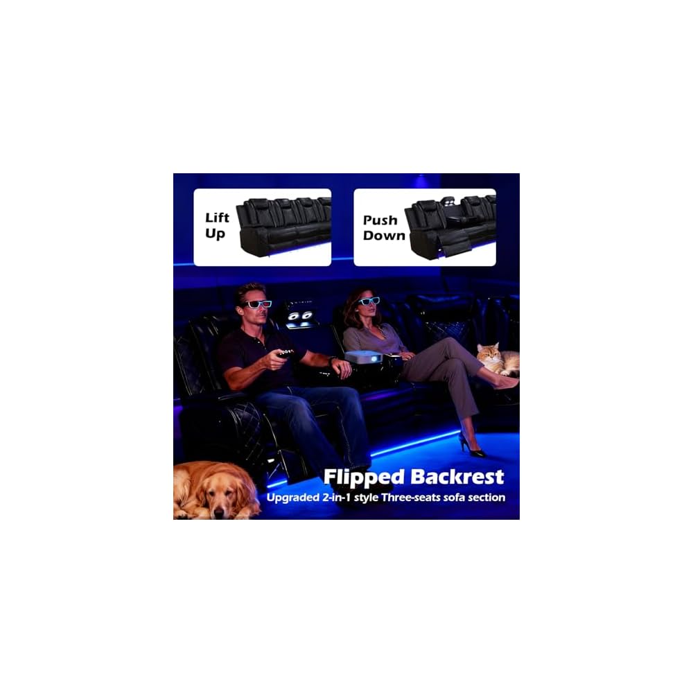 Leather Power Recliner Sectional Sofa with LED Light,L Shaped Leather Couch Set with 2 Recliner Seats，Modular Corner Sofa with Storage Console/Coffee Table for Living Room(Black, Sectional)