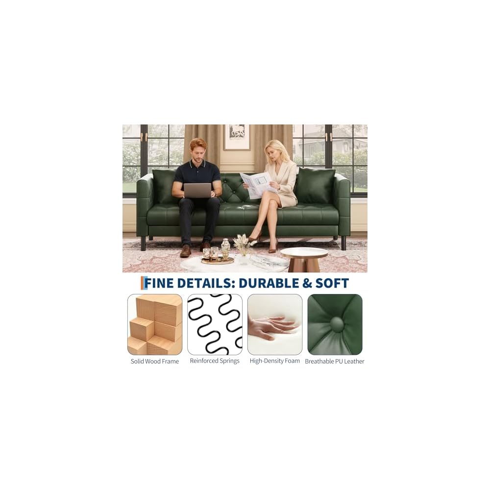 81" PU Leather Couch, Chesterfield 3 Seater Sofa, Vintage Green