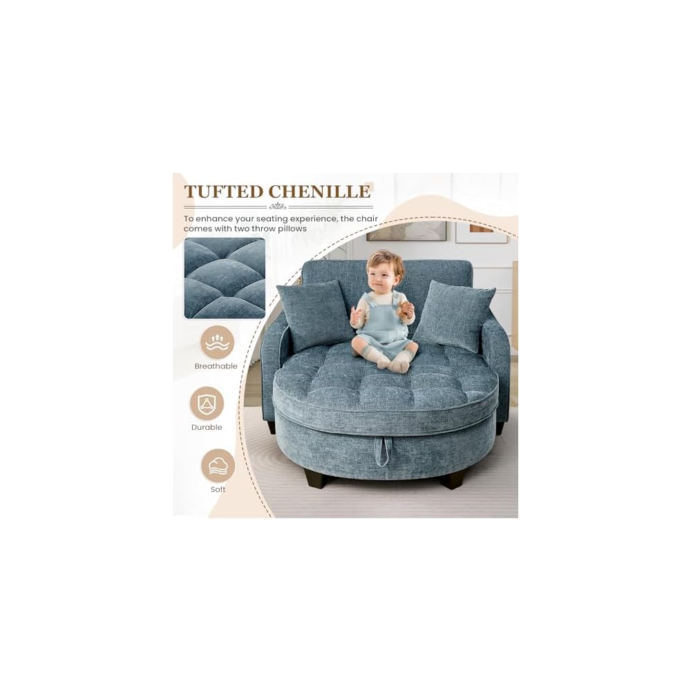 Oversized Chair and A Half, Chenille Tufting Accent Cozy Reading Sofa Chair with Storage Ottoman, Upholstered Loveseat Chaise Lounge Sofa with Adjustable Back for Living Room, Office, Sunroom, Blue