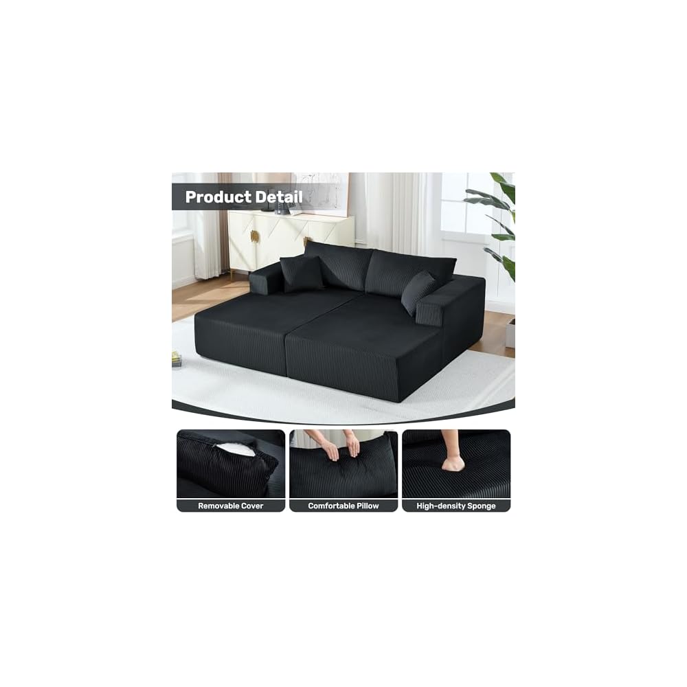 Oversized Double Lounge Chaise Indoor,81" Cloud Plush Sofa Bed,Corduroy Boneless Sleeper Sofa Bed with 2 Pillows,Modern Upholstered Sofa Couch for Living Room Bedroom,No Assembly Required,Black