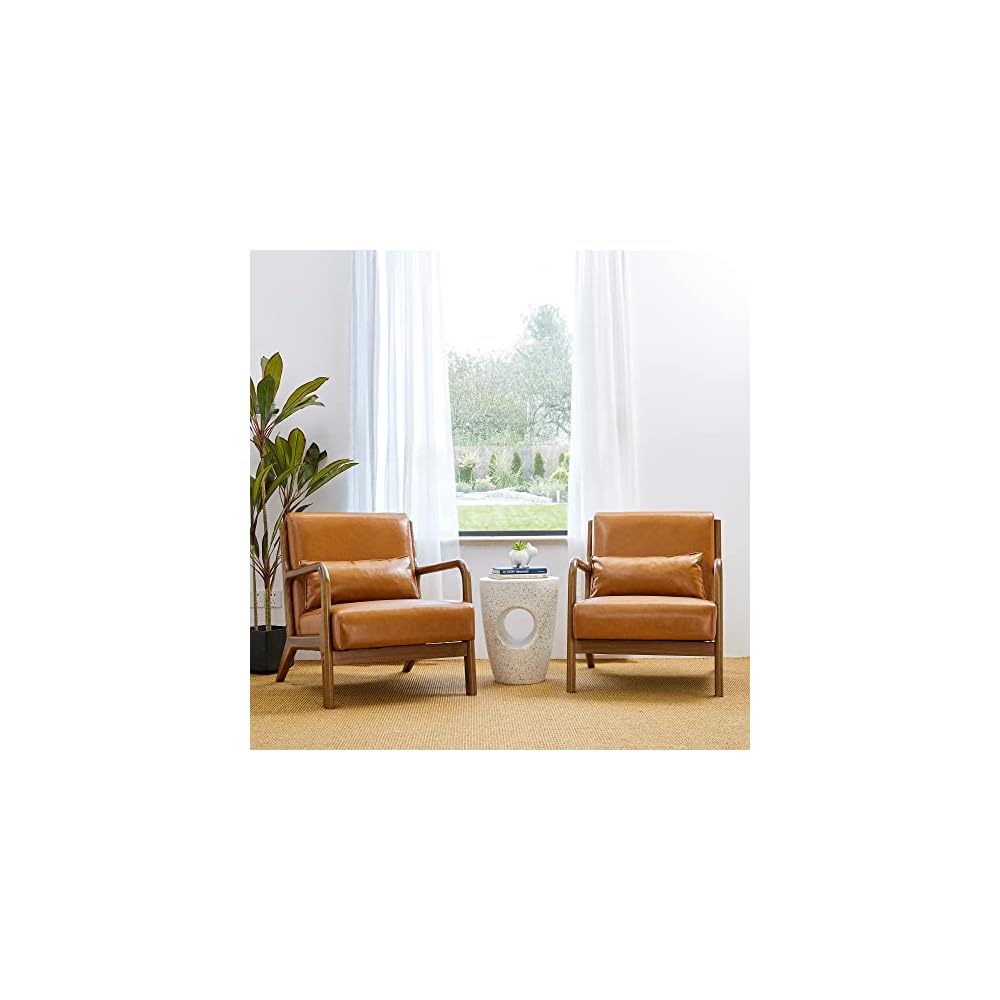 Glitzhome Accent Armchair with Walnut Ruberwood Frame, Black PU Leather Lounge Chair for Living Room