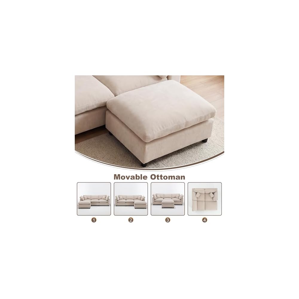 100" Wood Frame L-Shaped Modular Sectional Couch with Ottoman, Modern Cloud Chenille Sofa, Deep Seat 3 Seater & 4 Seat Cloud Modular Beige Upholstered Couch for Living Room, Bedroom, Apartment, Home