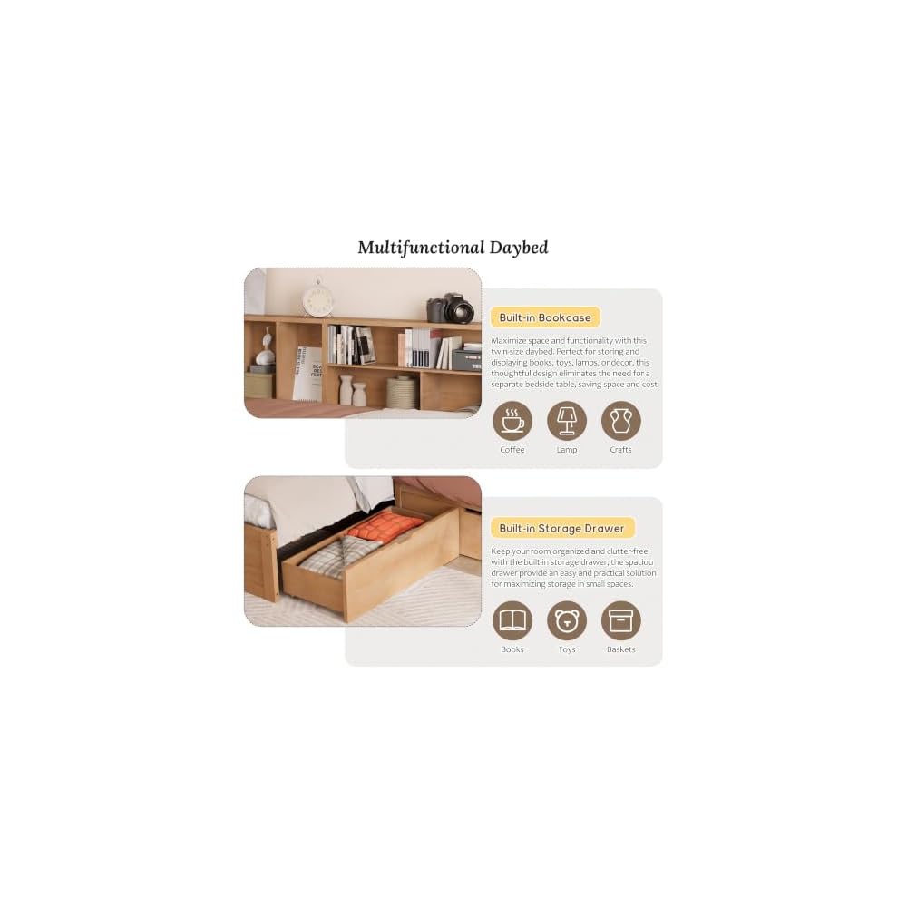Merax Twin Wooden L-Shaped Daybed with Trundle and Storage Drawer, Seadrift
