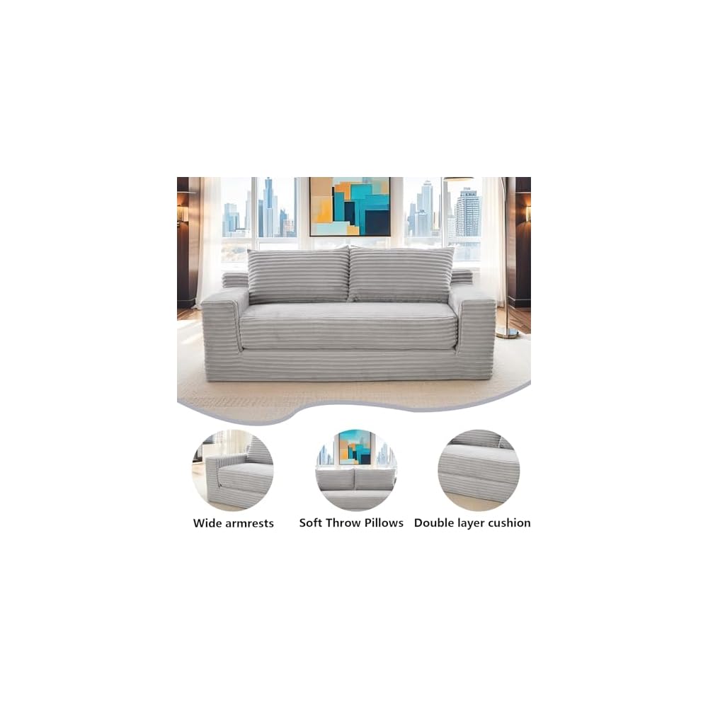 56" Convertible Loveseat Sofa Bed, Memory Foam Couch Corduroy Fabric Grey